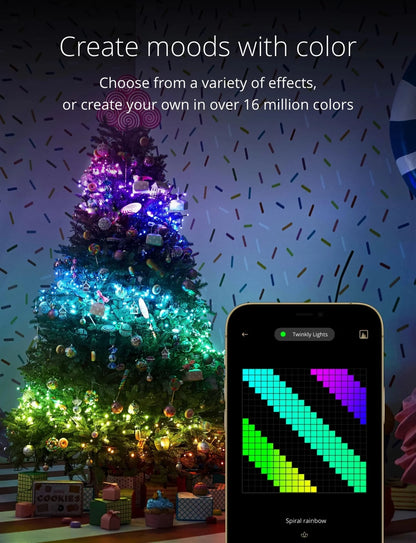 Strings App Controlled Green Wire Christmas Light String Indoor and Outdoor Smart Home Lighting Decoration, Multicolor, 100 RGB LED, 26.2Ft