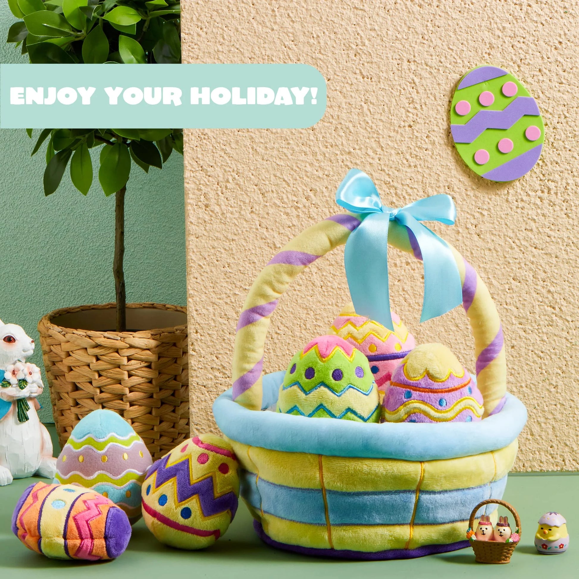 8 Pcs Premade Easter Basket with Easter Plushes for Baby Kids Girls, Easter Basket Stuffers Plushies Playset, Easter Gifts Set, Easter Toys Easter Party Favors, Easter Decor