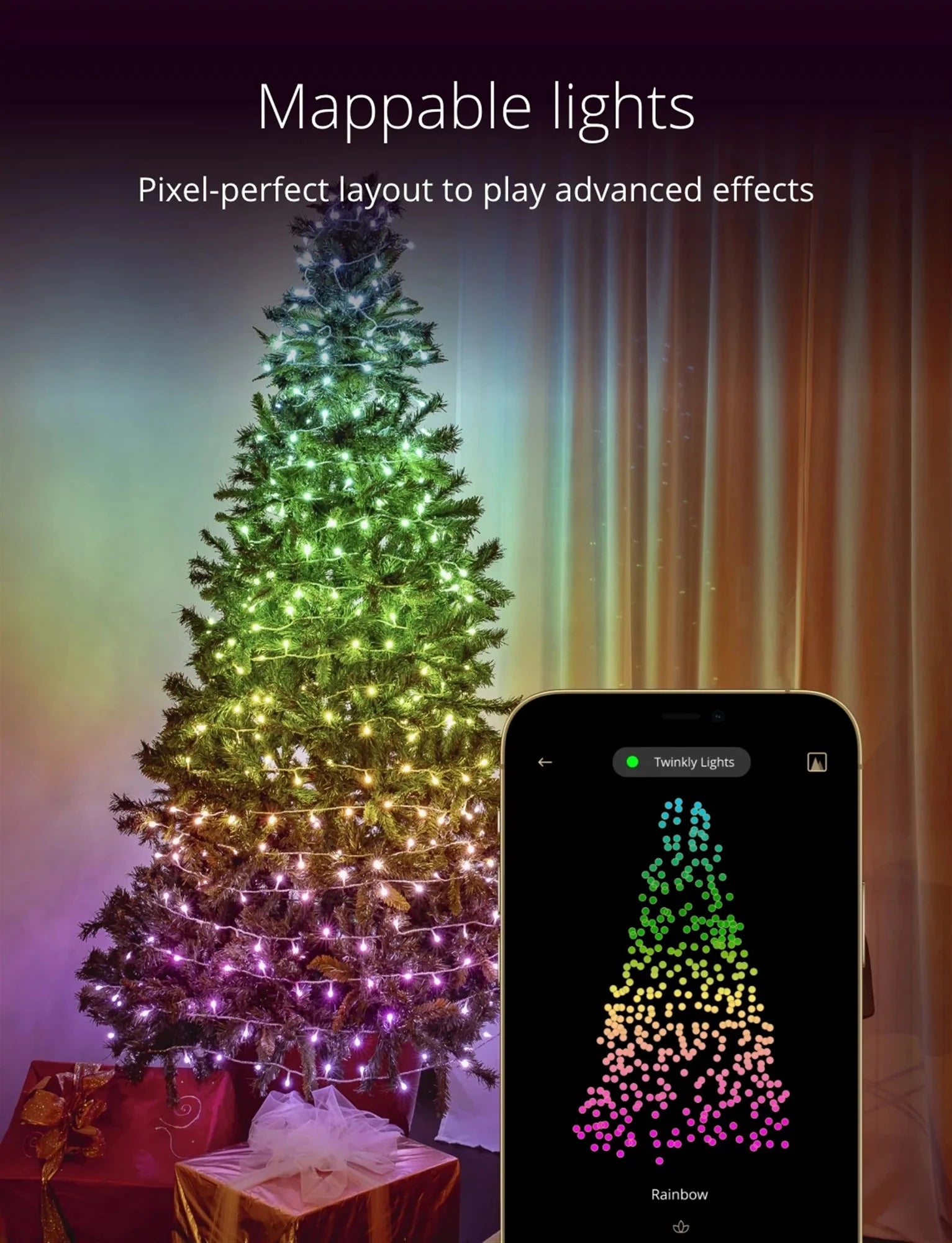 Strings App Controlled Green Wire Christmas Light String Indoor and Outdoor Smart Home Lighting Decoration, Multicolor, 100 RGB LED, 26.2Ft